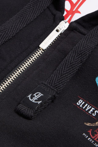 Black Fire tales hoodie zip detail