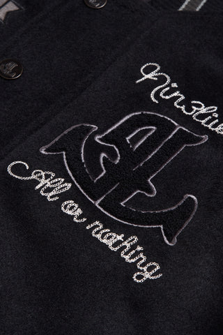 Varsity jacket front logo detail