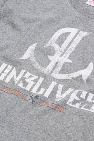 Grey Nine Lives logo tee detail front